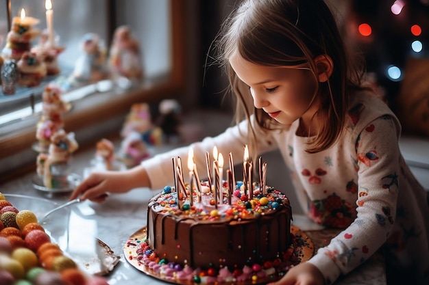 Fiesta de cumpleaños de una niña de nueve años con pastel colorido en el restaurante RUSIA K Generative AI