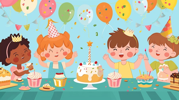 Fiesta de cumpleaños para niños ilustración de estilo vectorial