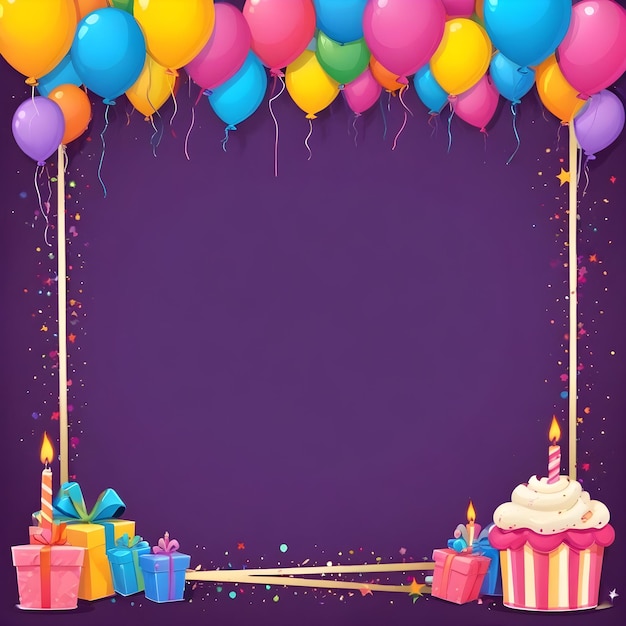 una fiesta de cumpleaños con un pastel de cumpleañas y globos en el fondo púrpura