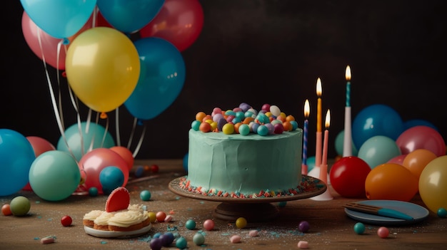 Fiesta de cumpleaños con pastel y globos generados por IA