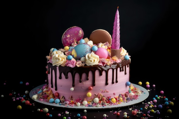 Fiesta de cumpleaños con pastel y globos de IA