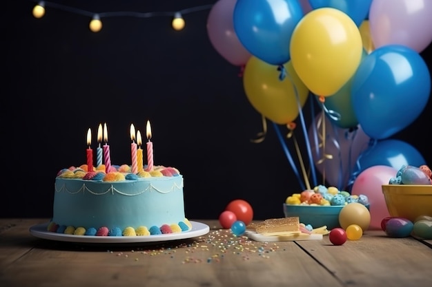 Fiesta de cumpleaños con pastel y globos Ilustración Ai generativa