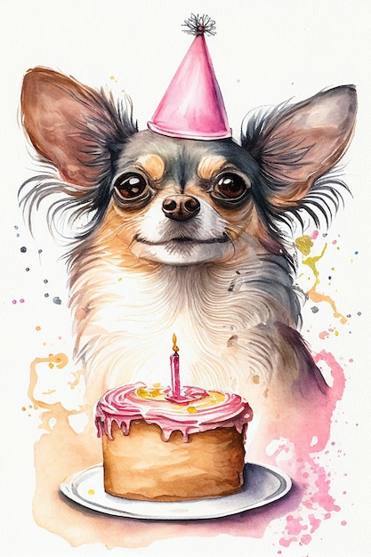 Fiesta de cumpleaños de perro Lindo perro chihuahua con pastel de cumpleaños Acuarela AI ilustración generativa