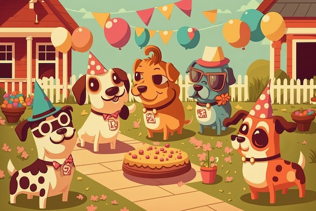 Fiesta de cumpleaños de perro o picnic de cachorro en el jardín con invitados de perro IA generativa