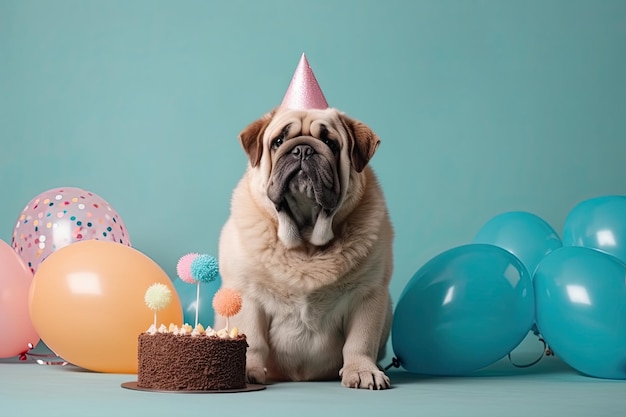 Fiesta de cumpleaños de un perro Un perro junto a un pastel con velas Postal Espacio para imagen de texto generada por IA