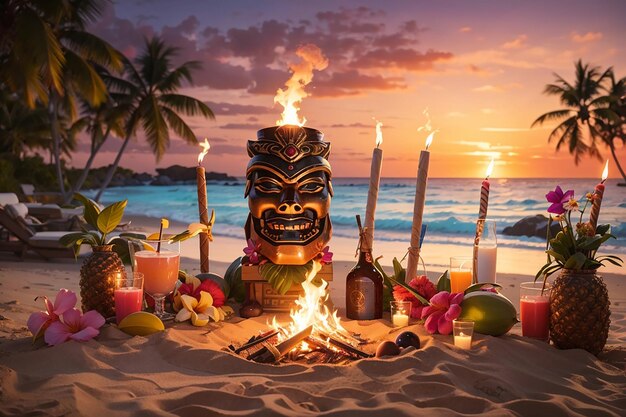 Una fiesta de cumpleaños en una playa tropical con antorchas tiki, una hoguera y una impresionante puesta de sol como telón de fondo para una noche de celebración.