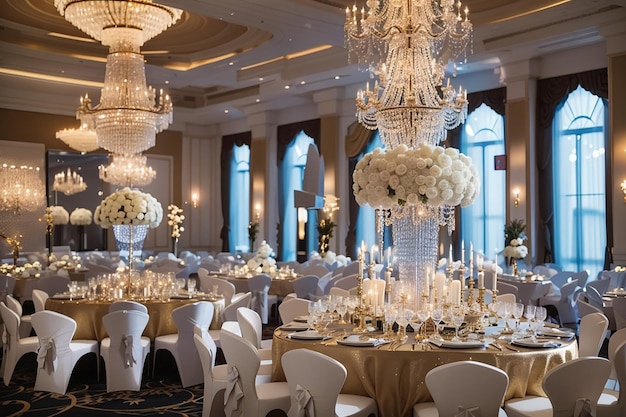 Una fiesta de cumpleaños sofisticada y elegante celebrada en un lujoso salón con candelabros de cristal, torres de champán y una banda en vivo.