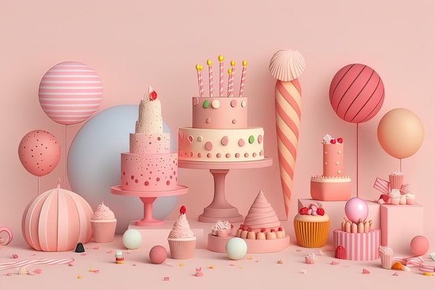 Fiesta de decoraciones de cumpleaños de fondo rosa generada por IA