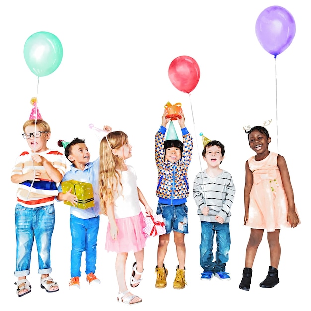 Fiesta diversa png celebración del cumpleaños de los niños ilustración de acuarela en fondo transparente