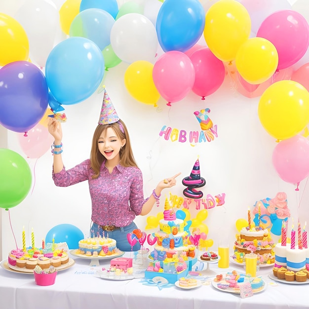 Fiesta de feliz cumpleaños de mujer joven celebrando deseos con globos, velas y pastel AI Generar