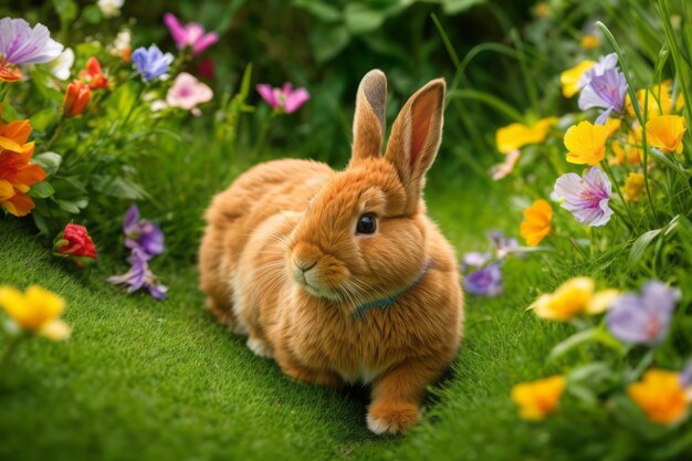 Fiesta floreciente que captura la naturaleza juguetona del adorable conejo enano holandés entre flores