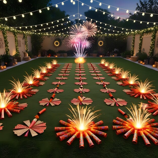 una fiesta con fuegos artificiales y velas en el suelo