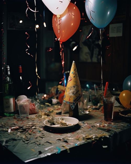 Foto una fiesta con globos, una botella de vino y una botella de vino.