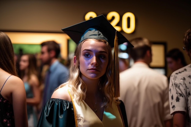 Fiesta de graduación de colegio o universidad Retrato de una niña con una gorra de graduación en una fiesta Generación de IA