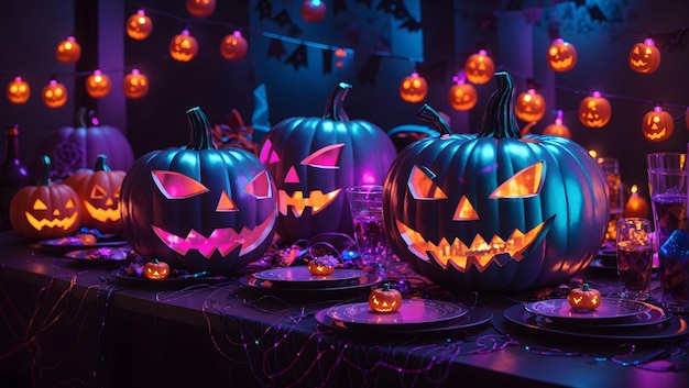 Fiesta de Halloween con calabaza y neón La imagen se genera con el uso de una inteligencia artificial