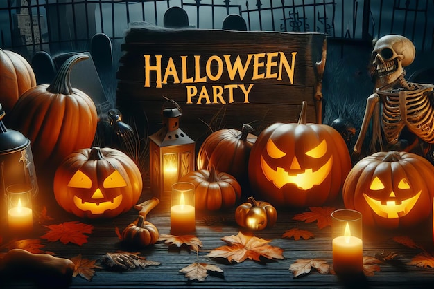 Fiesta de Halloween con calabazas y esqueletos