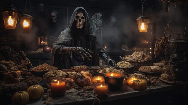 fiesta de halloween de un esqueleto cena macabra preparada en medio de calabazas calaveras Ai Generated