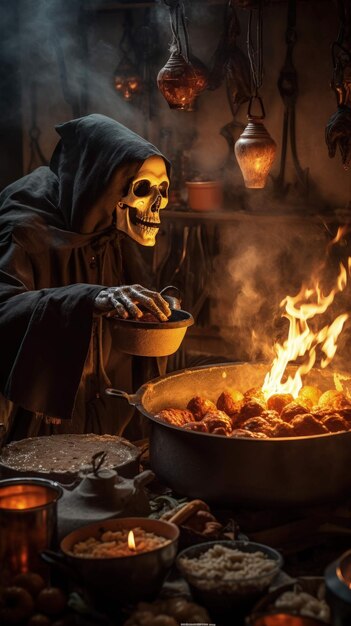 fiesta de halloween de un esqueleto cena macabra preparada en medio de calabazas calaveras Ai Generated