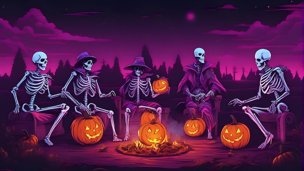 Fiesta de Halloween con esqueleto y jack o Lanterns ilustración vectorial