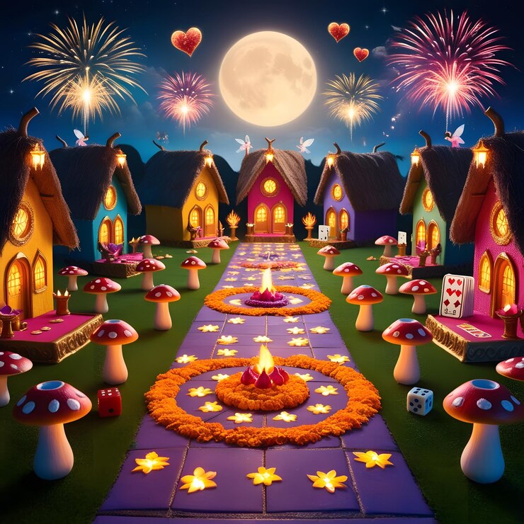 una fiesta de Halloween con fuegos artificiales y una casa con una luna en el cielo