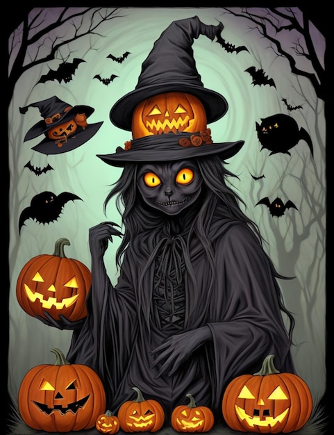 Fiesta de Halloween de gato ghoul negro su calabaza llena de dulces y dulces y un sombrero de mago