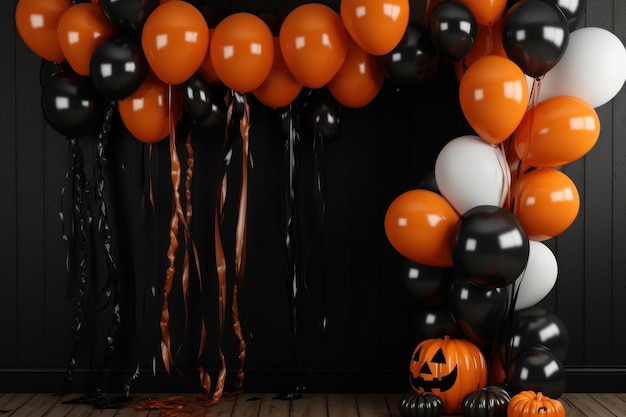 una fiesta de halloween con globos naranjas y negros.