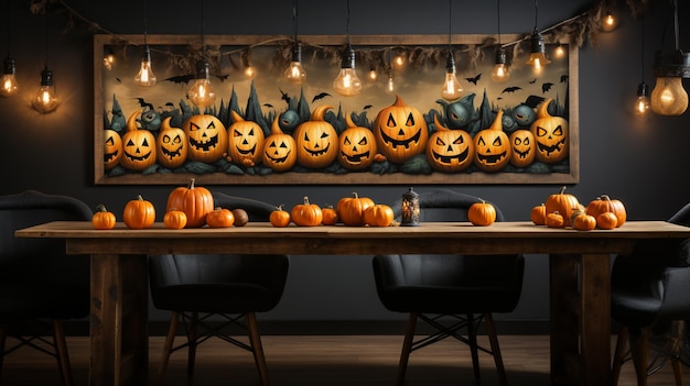 Fiesta de Halloween por la noche en la decoración del salón con linternas y calabazas jackolantern