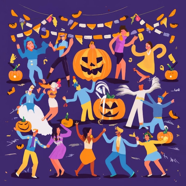Una fiesta de Halloween con personas vestidas con trajes bailando y divirtiéndose