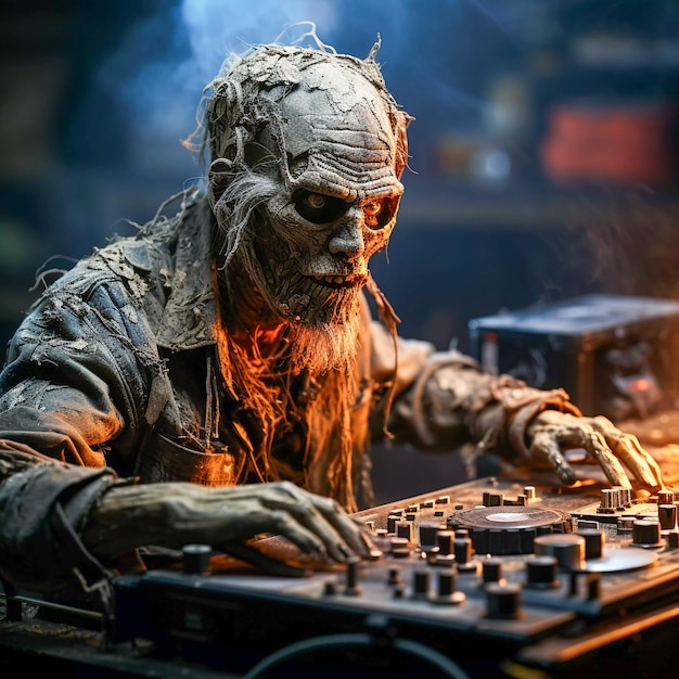 Fiesta de Halloween Zombie Grooves con DJ no muerto haciendo girar IA generativa