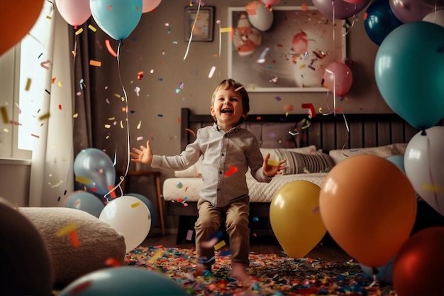 Fiesta infancia niños lindos pequeño niño azul cumpleañero globo IA generativa