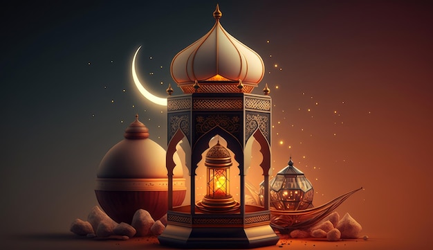 Fiesta islámica Ramadán kareem fondo de evento decorar con linterna árabe luna AI generativa