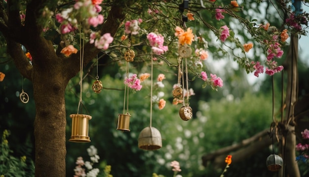 Una fiesta en el jardín con un montón de campanas colgando de un árbol