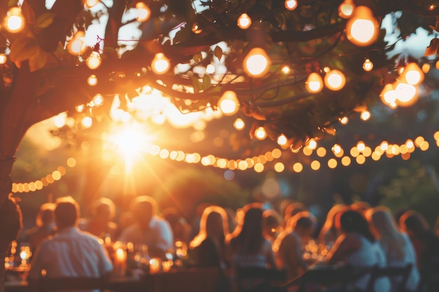 Foto una fiesta de jardín de verano al atardecer con siluetas contra el cielo colorido