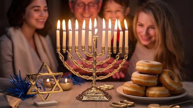 Foto fiesta judía hanukkah y sus atributos menorah rosquillas estrella de david hanukkah menor