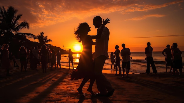 fiesta latina bailando salsa bachata kizomba en la playa al atardecer imagen de IA