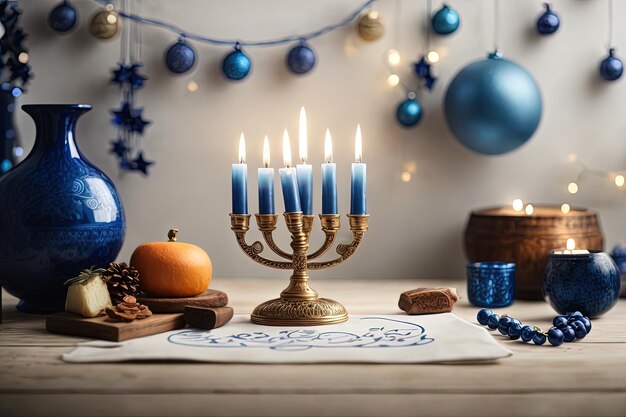 Fiesta de las luces Hanukkah Estrella Menorah y fondo alegre