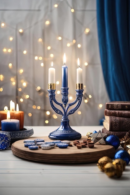 Foto fiesta de las luces hanukkah estrella menorah y fondo alegre