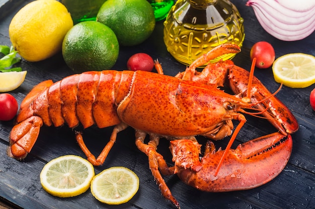 Foto fiesta de mariscos con limón y langosta fresca de boston en el hielo