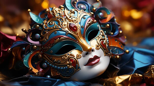 Foto fiesta de máscaras de carnaval multicolor en tema decorativo mardi gras de fondo