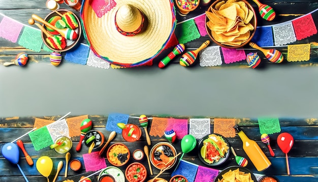 Foto fiesta mexicana festiva con decoraciones de colores y cocina tradicional