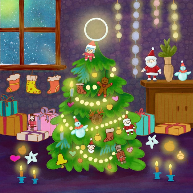 Fiesta de monstruos de Navidad en el espacio Ilustración de dibujos animados festivos