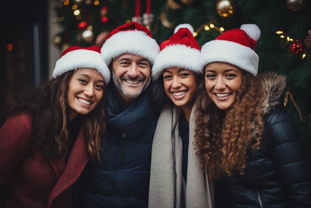 Foto fiesta de navidad personas de varias nacionalidades mostrando expresiones felices generativo ai