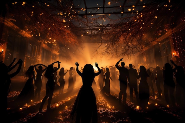 Fiesta navideña siluetas bailando confeti y luces bokeh foto atmosférica