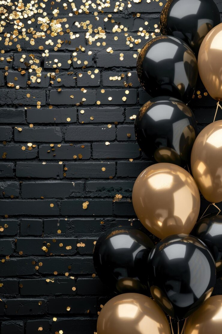 una fiesta negra y dorada con globos y brillos dorados