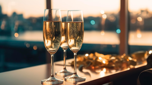 Fiesta nocturna de lujo en un yate de crucero con champán Copas de champán y botellas con champán con yate bokeh en el fondo nadie AI Generativo