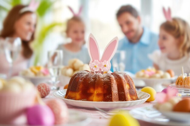 Fiesta de Pascua padres e hijos se unen con pasteles dulces huevos de Pascua y unión