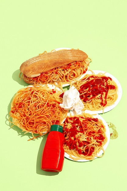 Fiesta de pasta y sándwich enamorada sobre fondo verde Minimalismo Concepto de arte de comida chatarra