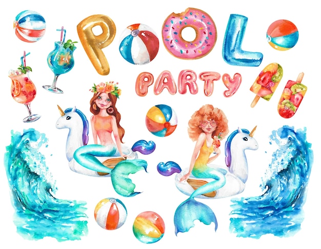 Fiesta en la piscina de acuarela Dos sirenas en unicornios inflables cócteles de olas marinas y pelotas de playa sobre un fondo blanco