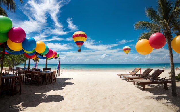 Foto fiesta de playa de verano con globos coloridos ai generados