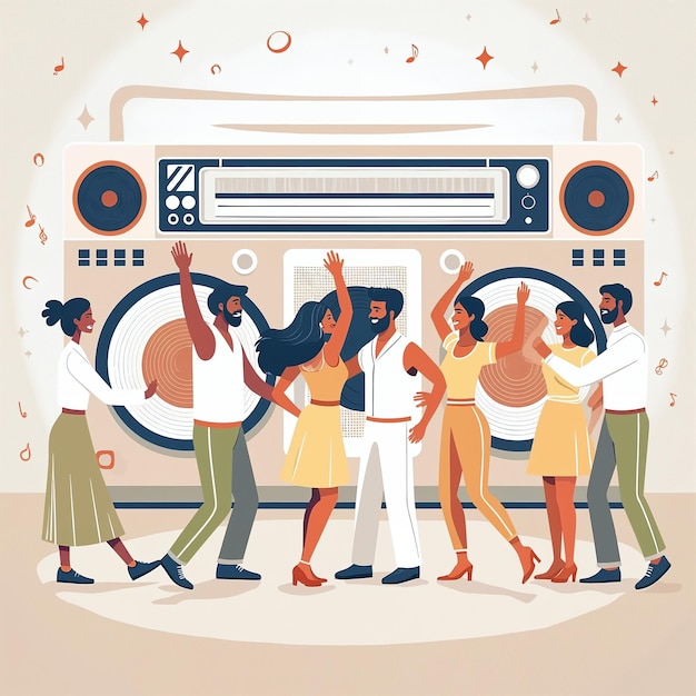 Fiesta retro con gente bailando frente a una caja de sonido